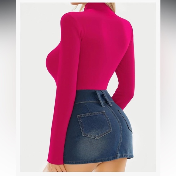 NWT hot pink long sleeve mock turtleneck ribbed thong bodysuit - Picture 2 of 5